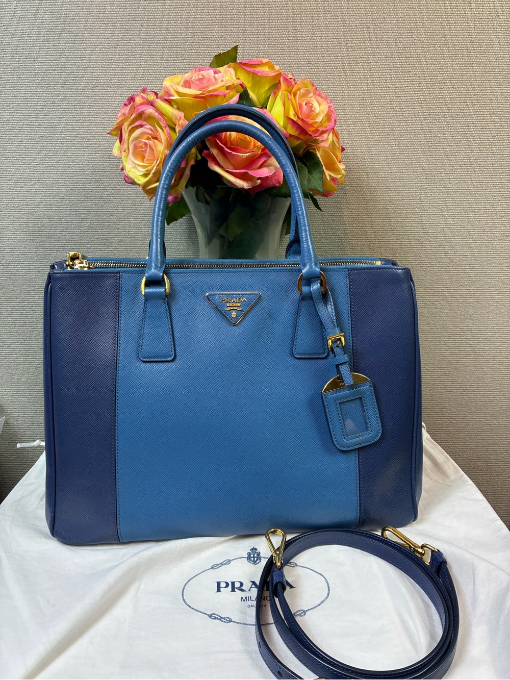 Prada Two Tone Blue Saffiano Leather Galleria Tote - Beautiful Pre-Loved